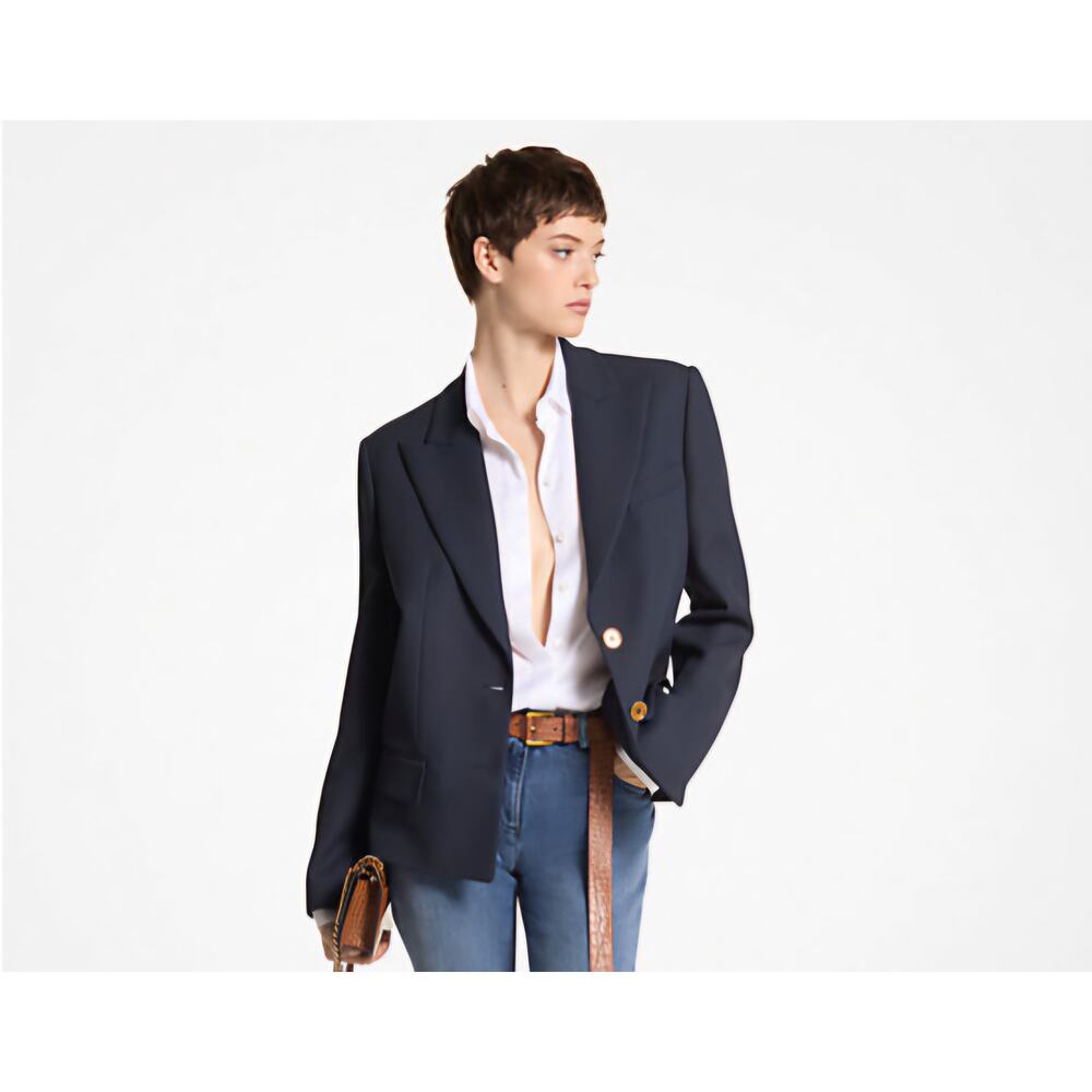 $2190 Michael Kors Women Crepe‎ Sablé Cropped Boyfriend Jacket Dark Blue Size 2